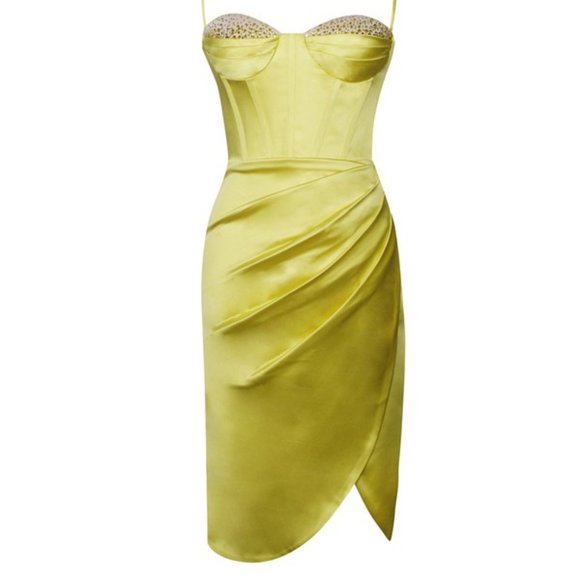 Callie Lives Miss Circle Bling: Rhinestone Sweetheart Chartreuse Satin Dress LG - Picture 6 of 9